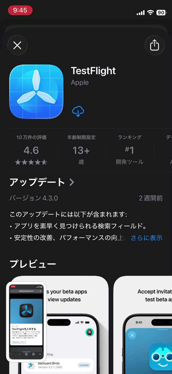 App StoreのTestFlightページ。TestFlightを入手する雲のアイコンがあります